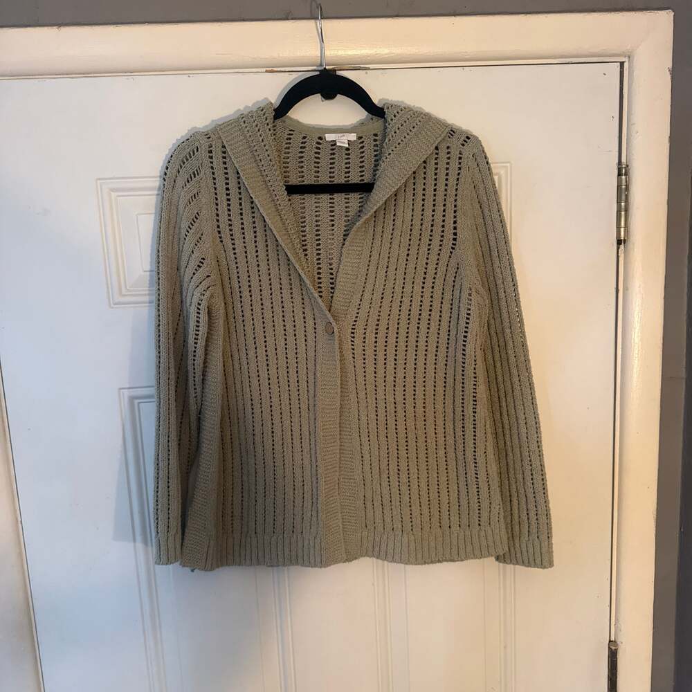J. Jill Sage Green Chunky Crochet Open Knit Single Button Hooded Cardigan